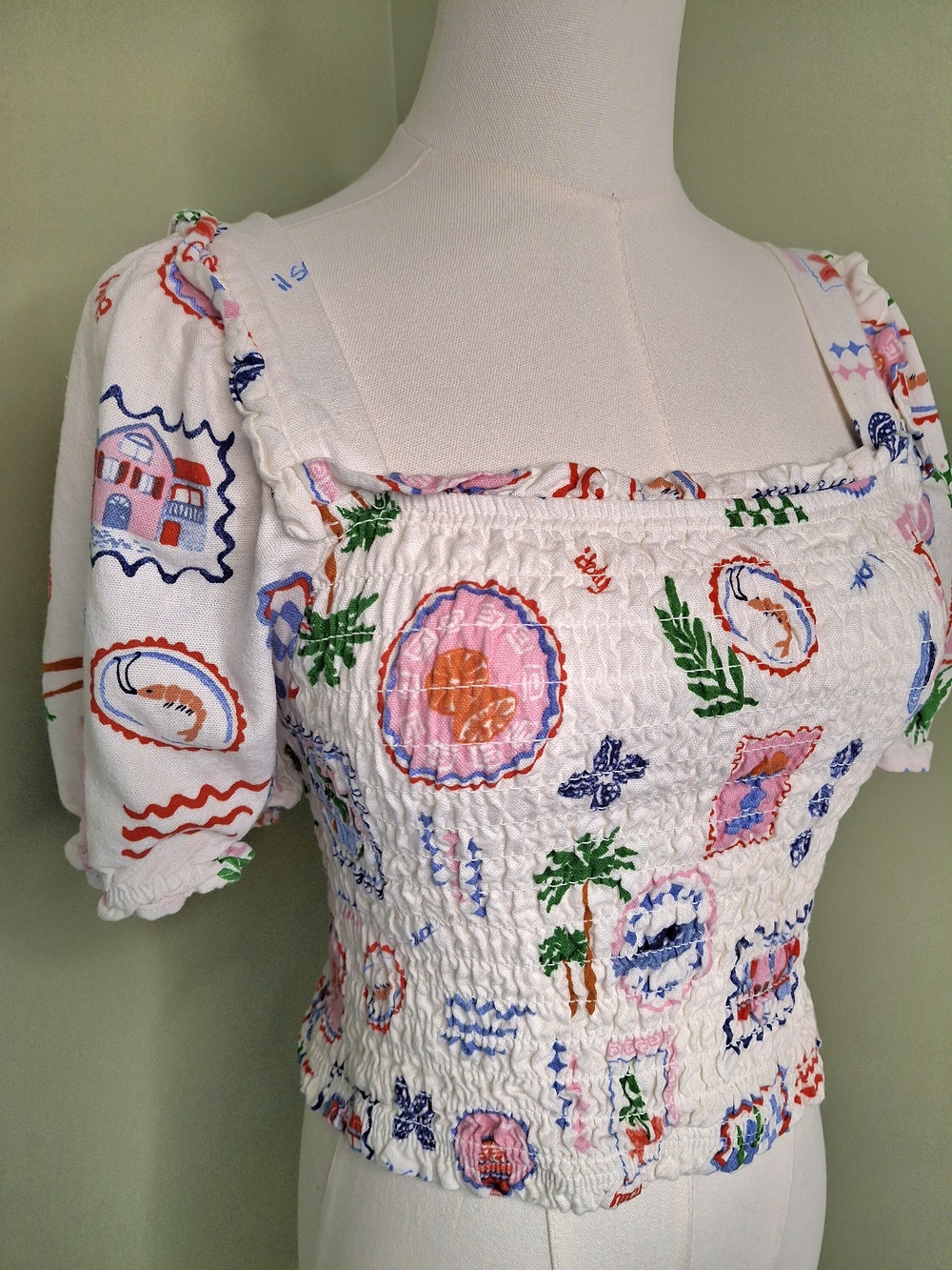 Monteau LA Smocked Coastal Print Puff Sleeve Crop Top XL Boho Vacation